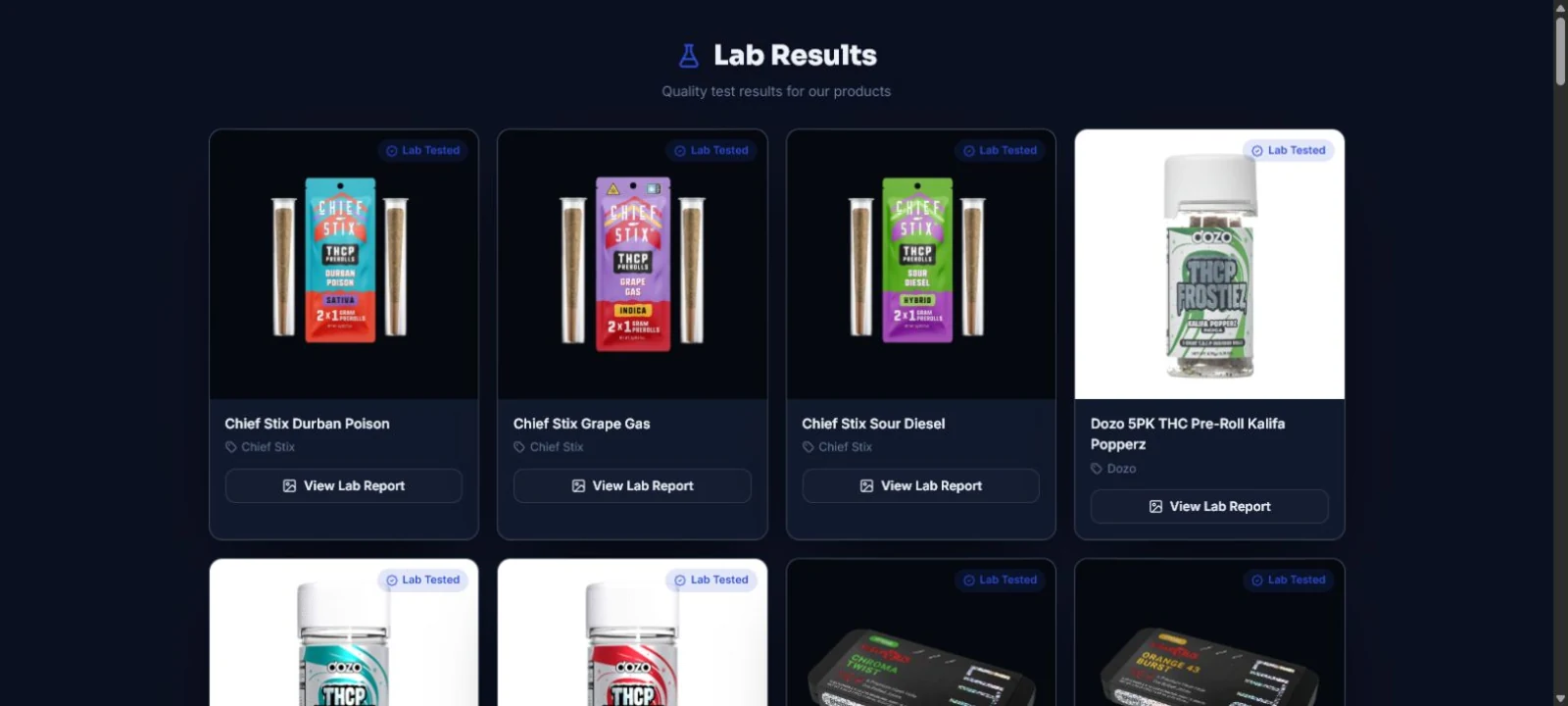 AgeVend customer-facing lab results catalog with lab-tested product cards and report links