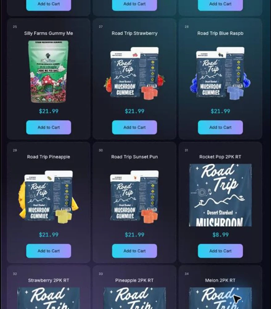 Live AgeVend Android kiosk app storefront showing products, prices, and add-to-cart controls