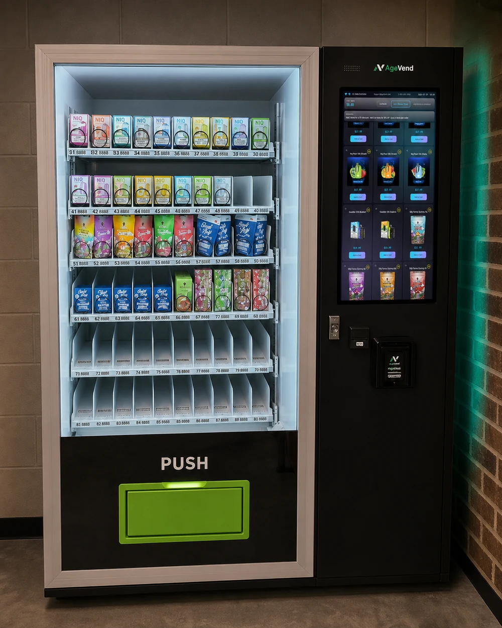 Installed AgeVend AV-1 machine stocked with products and running the customer storefront